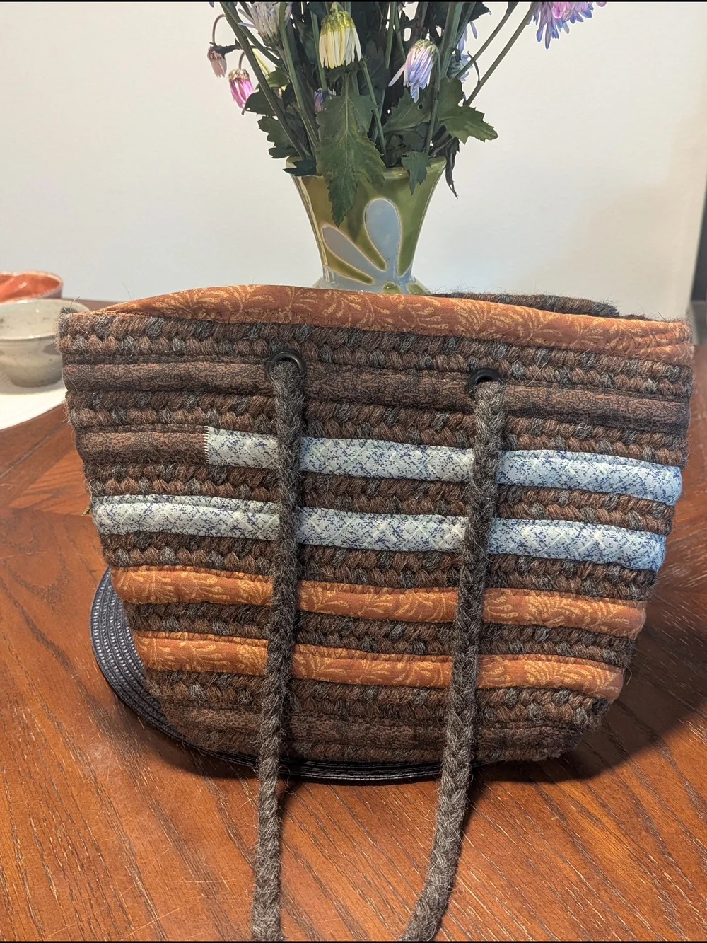 Alpaca Wool Striped Woven Tote in Brown, Orange & Blue. Artisanal. Boho.